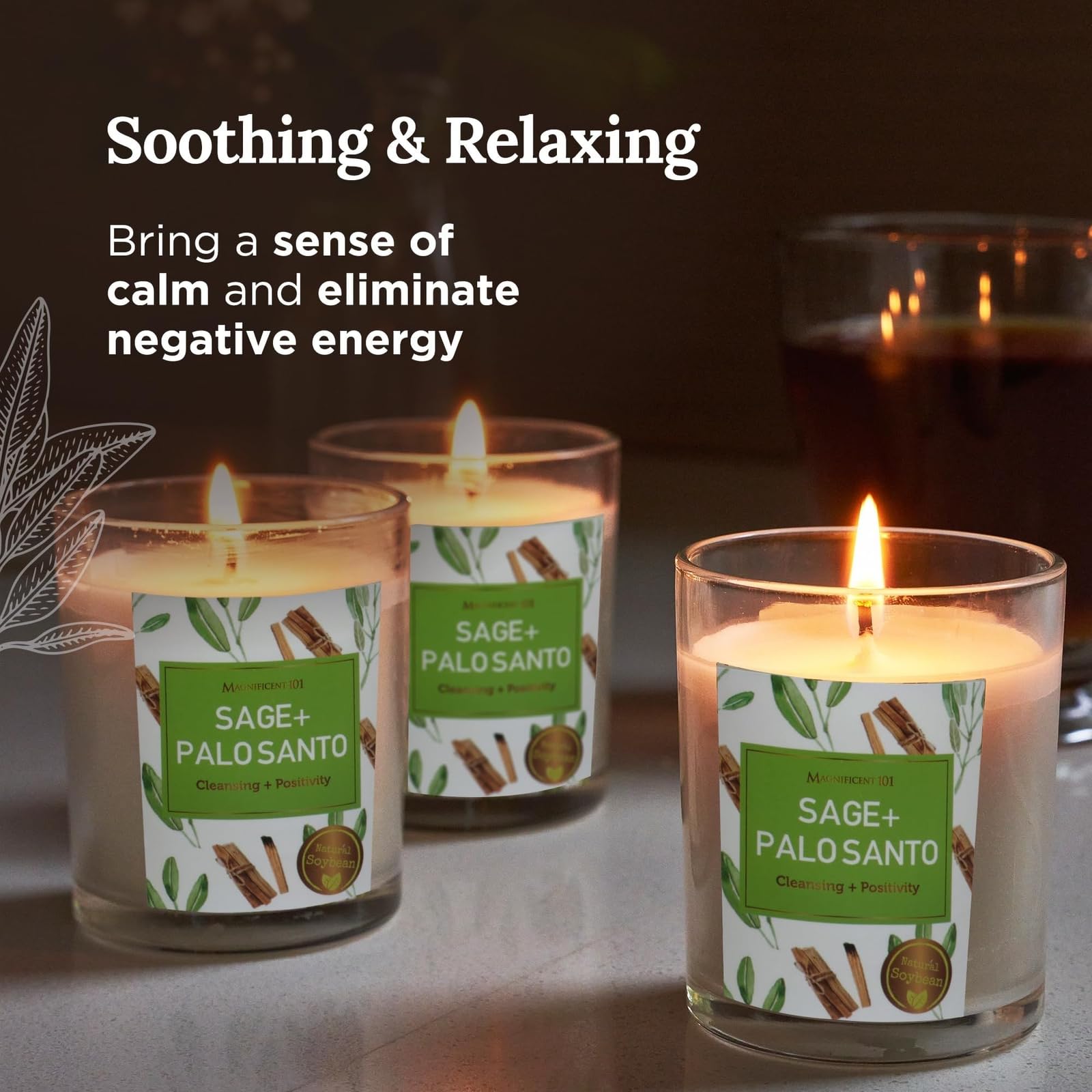 Magnificent 101 Set of 3 Long Lasting Pure Sage + Palo Santo Candles  3.5 Oz Each - 42 Hour Burn  All Natural, Organic Soy & Par